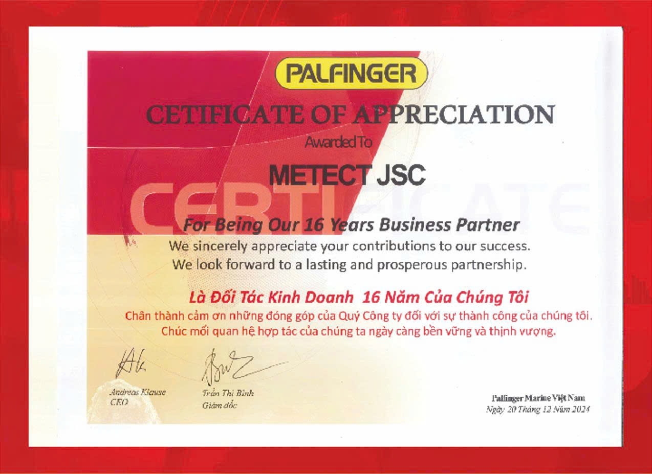 Chứng nhận PALFINGER Certificate of Appreciation cấp cho METECT JSC, ghi nhận 16 năm đối tác kinh doanh, do Palfinger Marine Việt Nam cấp ngày 20 tháng 12 năm 2024, ký bởi Andreas Klause và Trần Thị Bình