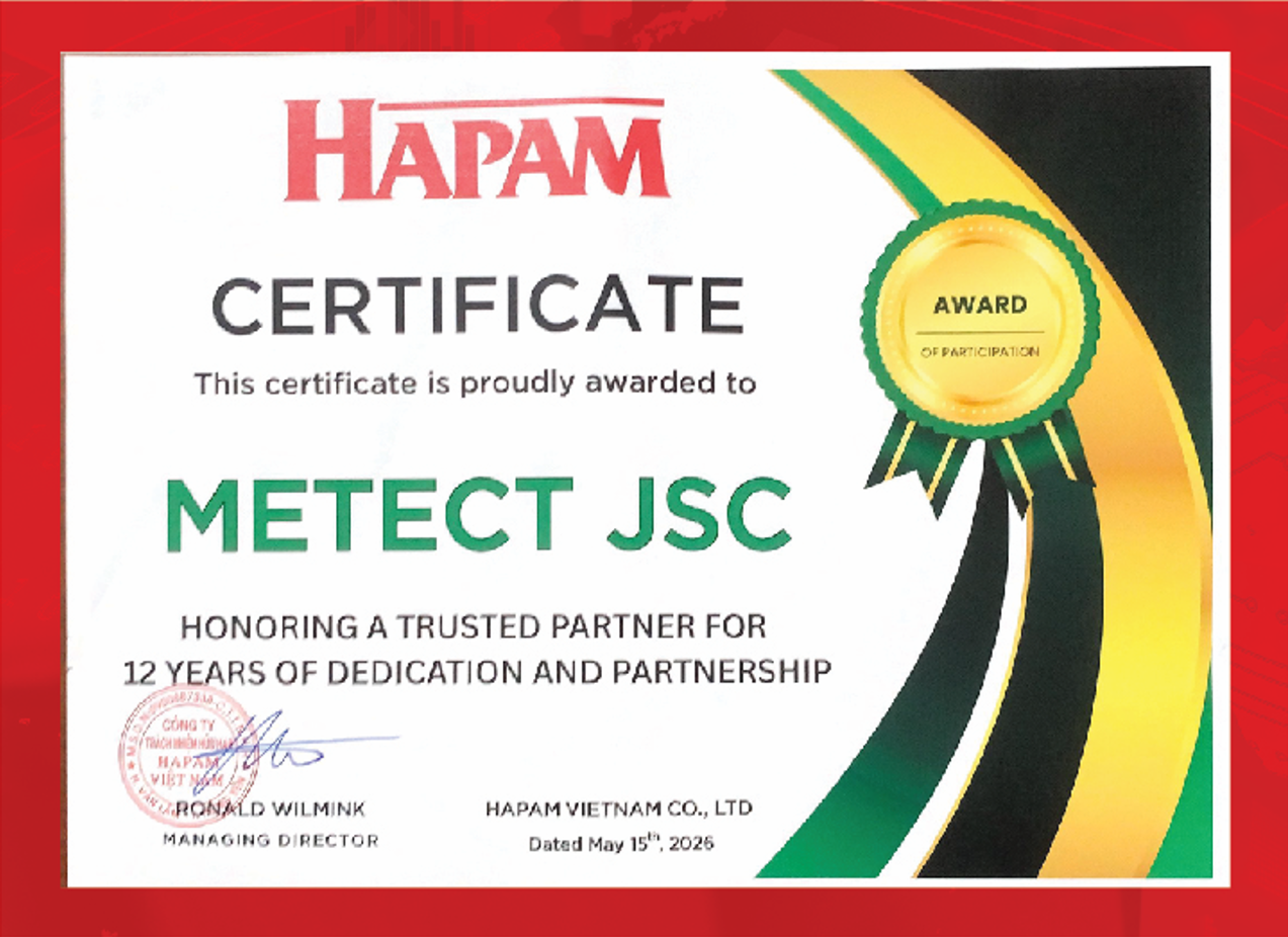 Chứng nhận HAPAM cấp cho METECT JSC, ghi nhận 12 năm hợp tác và cống hiến, do HAPAM Vietnam Co., Ltd cấp ngày 15 tháng 5 năm 2026, ký bởi Ronald Wilmink, Managing Director